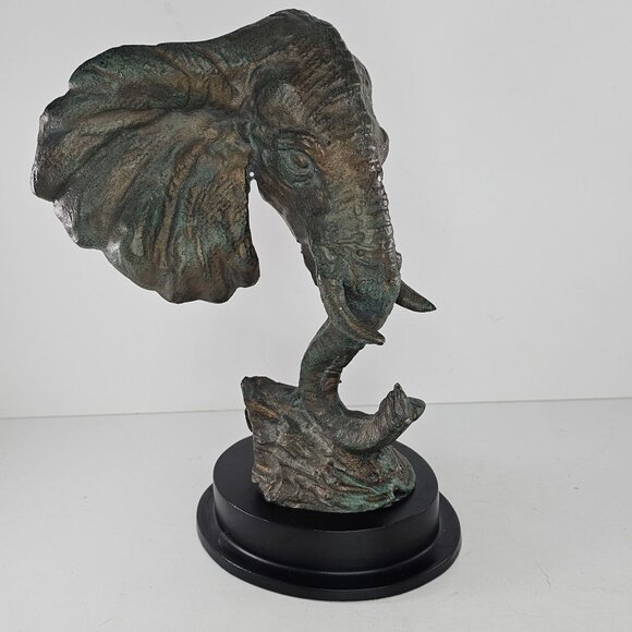 Cast Metal Elephant Head Sculpture On Black Base Bronze Look - Picture 6 of 8